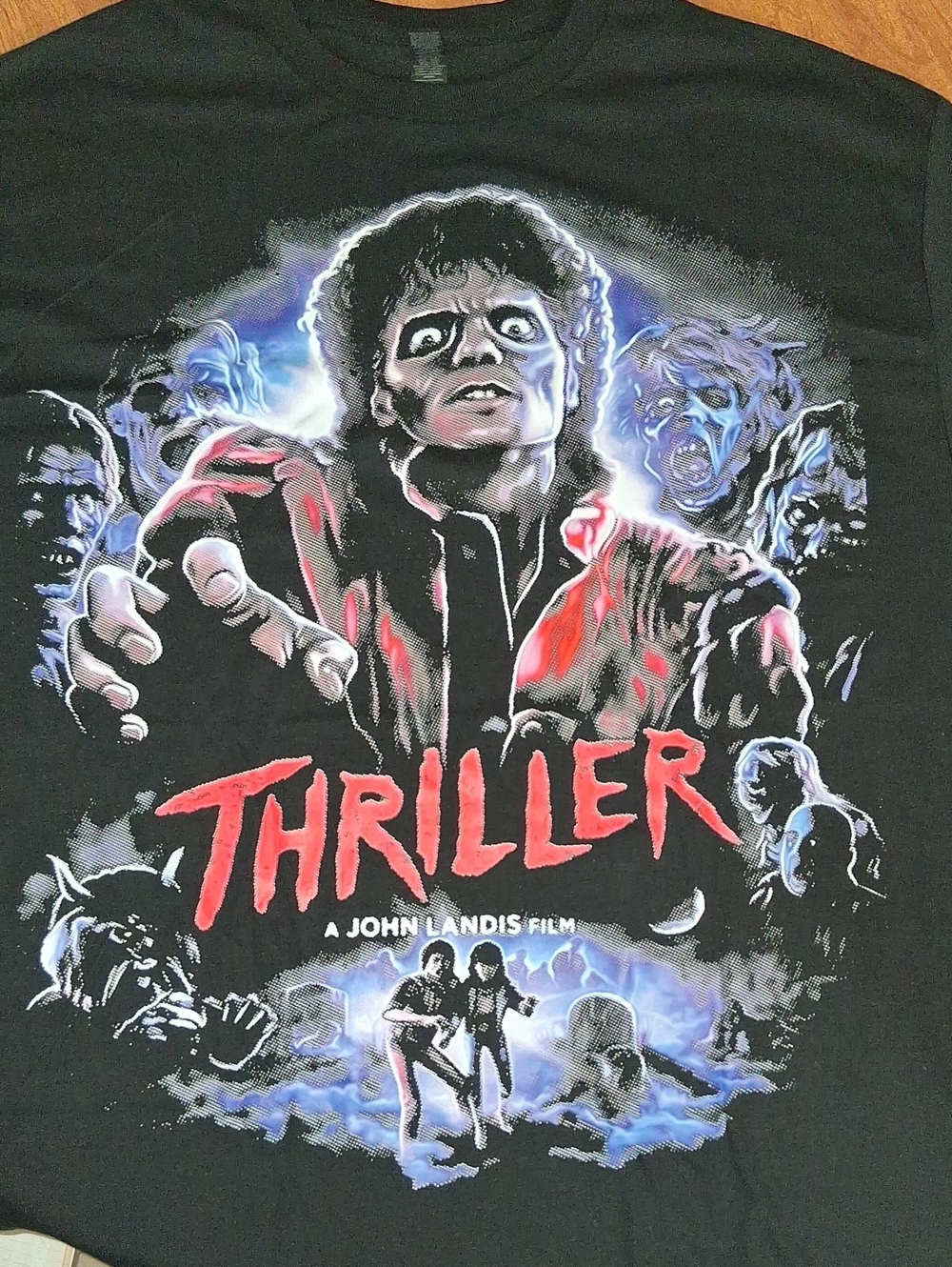 Custom Michael Jackson, Thriller Graphic Tee - Black with Red & Blue Artwork